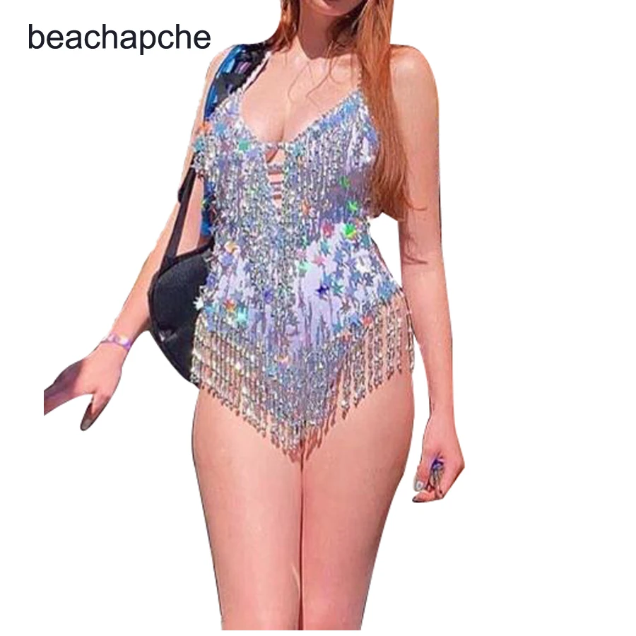 backless Sequins party bodysuit women Bodycon Romper sexy tassel Colorful diamond laser five-pointed stare Elegant beachwear