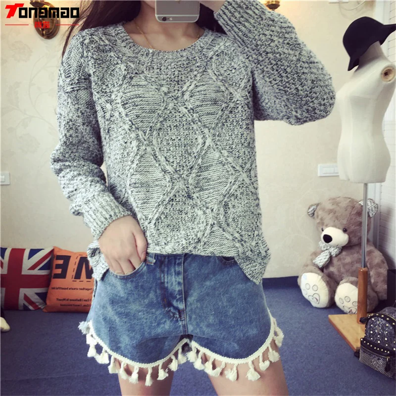 2016 Autumn and Winter Sweater Solid Color Casual Argyle O-Neck Long Sleeve Pullover Loose Elastic Fashion Knitted Sweaters | Женская