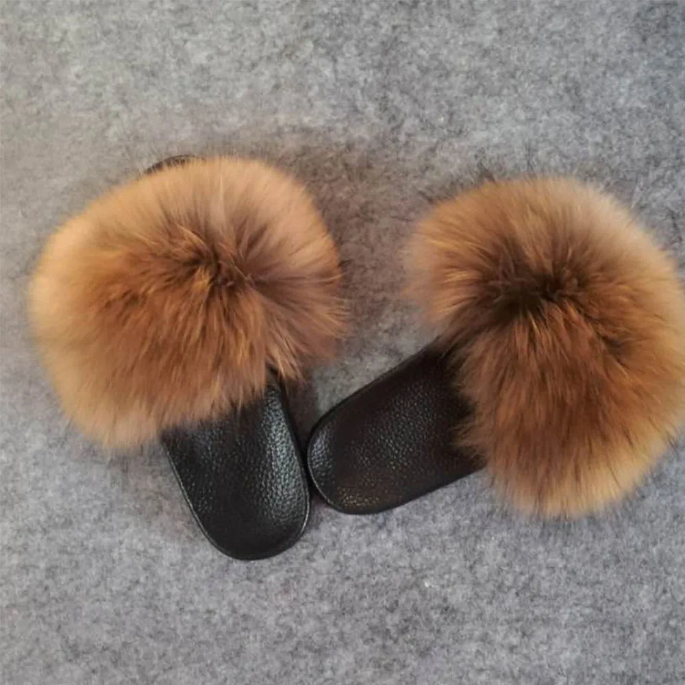 Женские шлепанцы из натурального Лисьего меха уличные без застежки обувь на