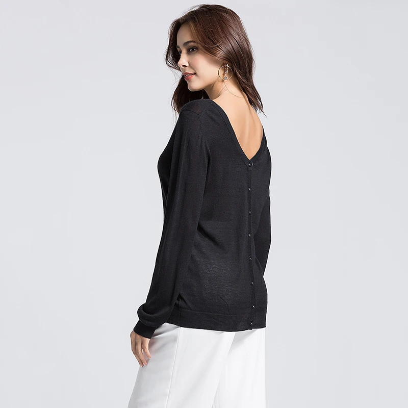 Escalier Women 75%Silk Sexy Sweaters Casual Full Sleeve Single Breasted Cardigans V-Neck Thin Style Sweater Back button design |