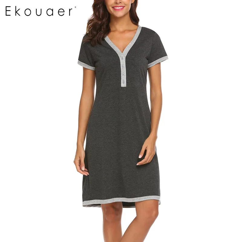 Dark Grey Ekouaer Ночное платье, ночная рубашка, ночная рубашка для беременных, кормящих грудью, домашнее платье с коротким рукавом, женская ночная рубашка с v-образным вырезом - Цвет: Dark Grey