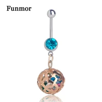 funmor zircon ball hollow belly button ring for women girls stainless steel long pendant beach bikini body piercing jewelry