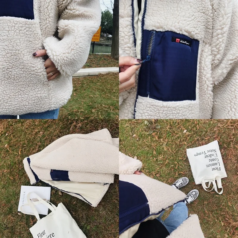 

Winter/Autumn New Chic Loose Zipper Pocket Thick Lamb Fur Cotton Coat Female Winter Jacket Warm Mujer Casaco