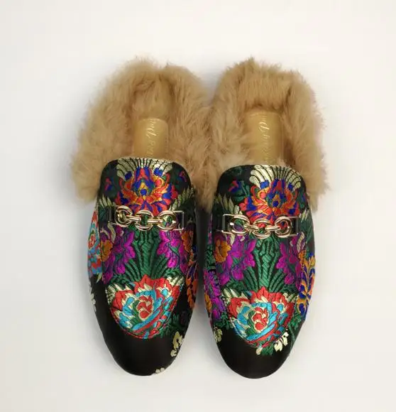 Классические Подиумные уличные тапочки с кроличьим мехом металлическая плоская