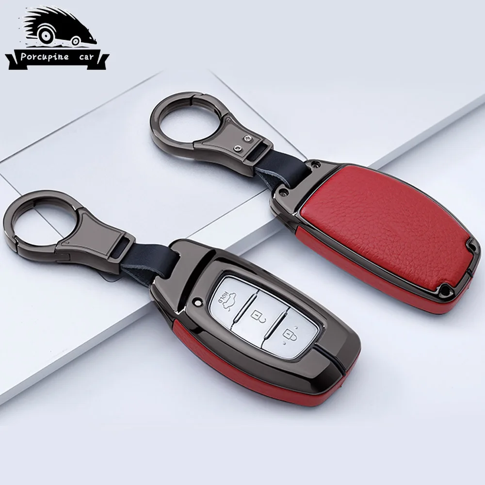 Black red Цинковый сплав кожаный чехол для автомобильных ключей, чехол-ключница для hyundai Elantra Tucson Mistra Verna Sonata i10 i20 i30 IX25 IX35 умные клавиши - Название цвета: Black red