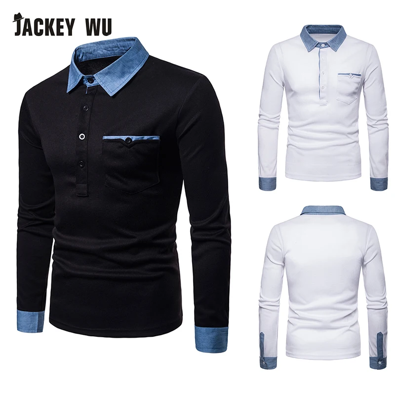 JACKEYWU мужская рубашка поло 2019 модная деним заплатка длинный рукав тройники хлопок