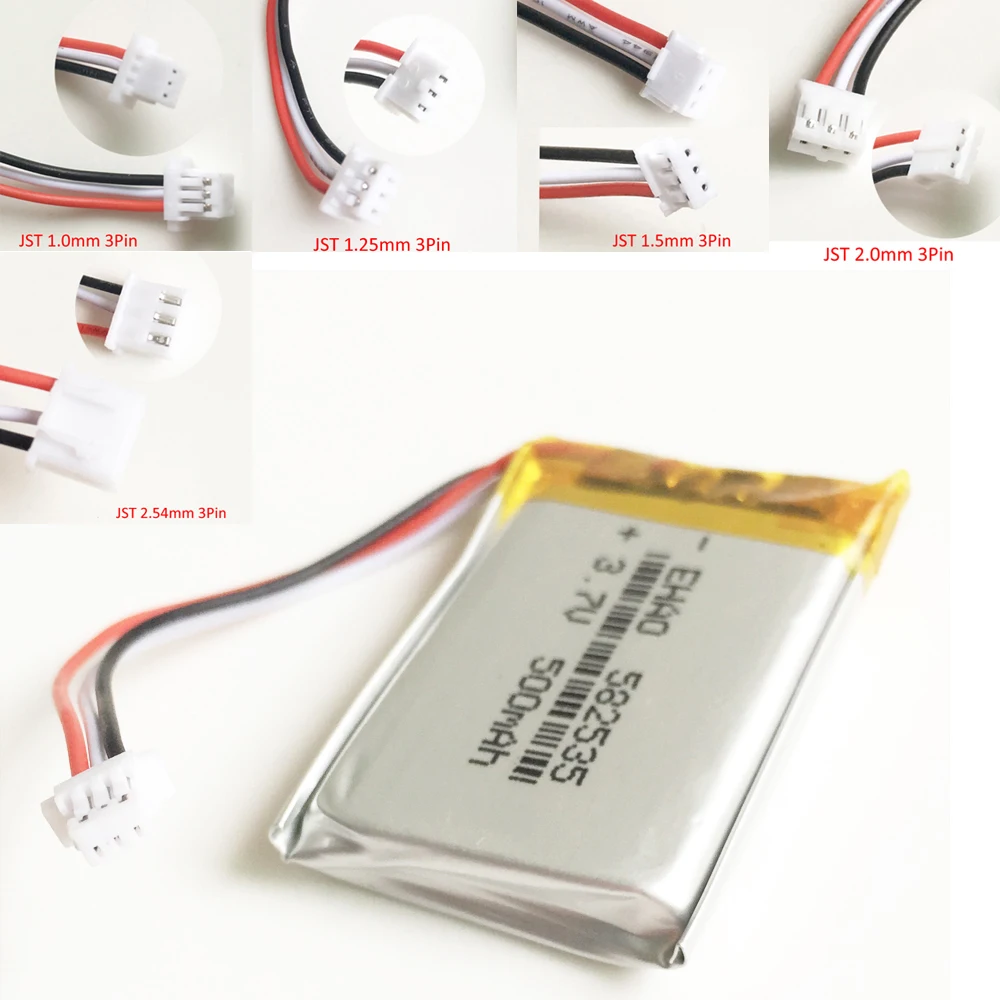 

3.7V 500mAh Lipo Polymer Lithium Rechargeable Battery JST 3pin plug 1.0/1.25/1.5/2.0/2.5mm for MP3 GPS Bluetooth Headset 582535