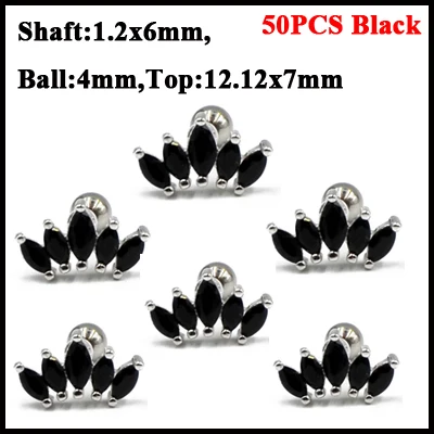 50PCS Black 50 шт., стальные серьги Marquise, циркониевые, для пирсинга ушной хрящ, кристалл, цветок, раковины, серьги, штанга, пирсинг, Orelha, серьги, 16 г - Окраска металла: 50PCS Black