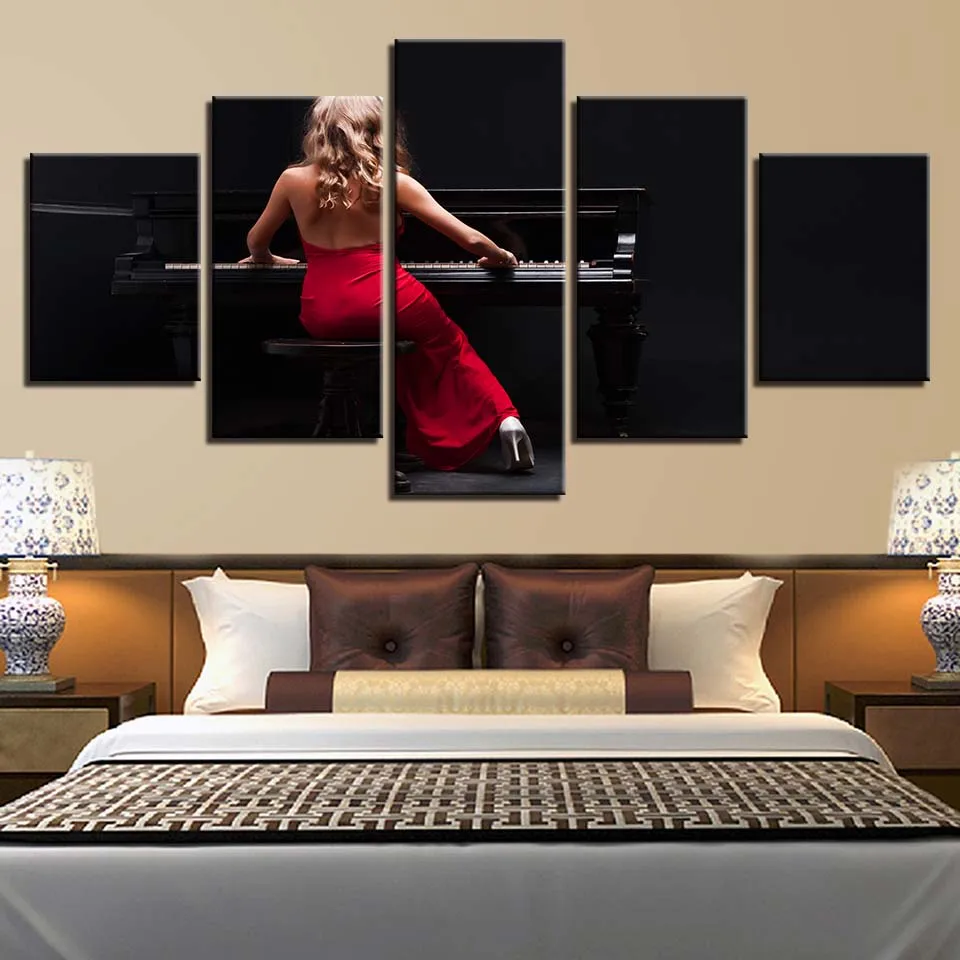 Canvas Paintings HD Printed Modular Pictures Living Room 5 Panels Girl Music Piano Wall Art Poster Home Decoration Modern Framed | Дом и сад