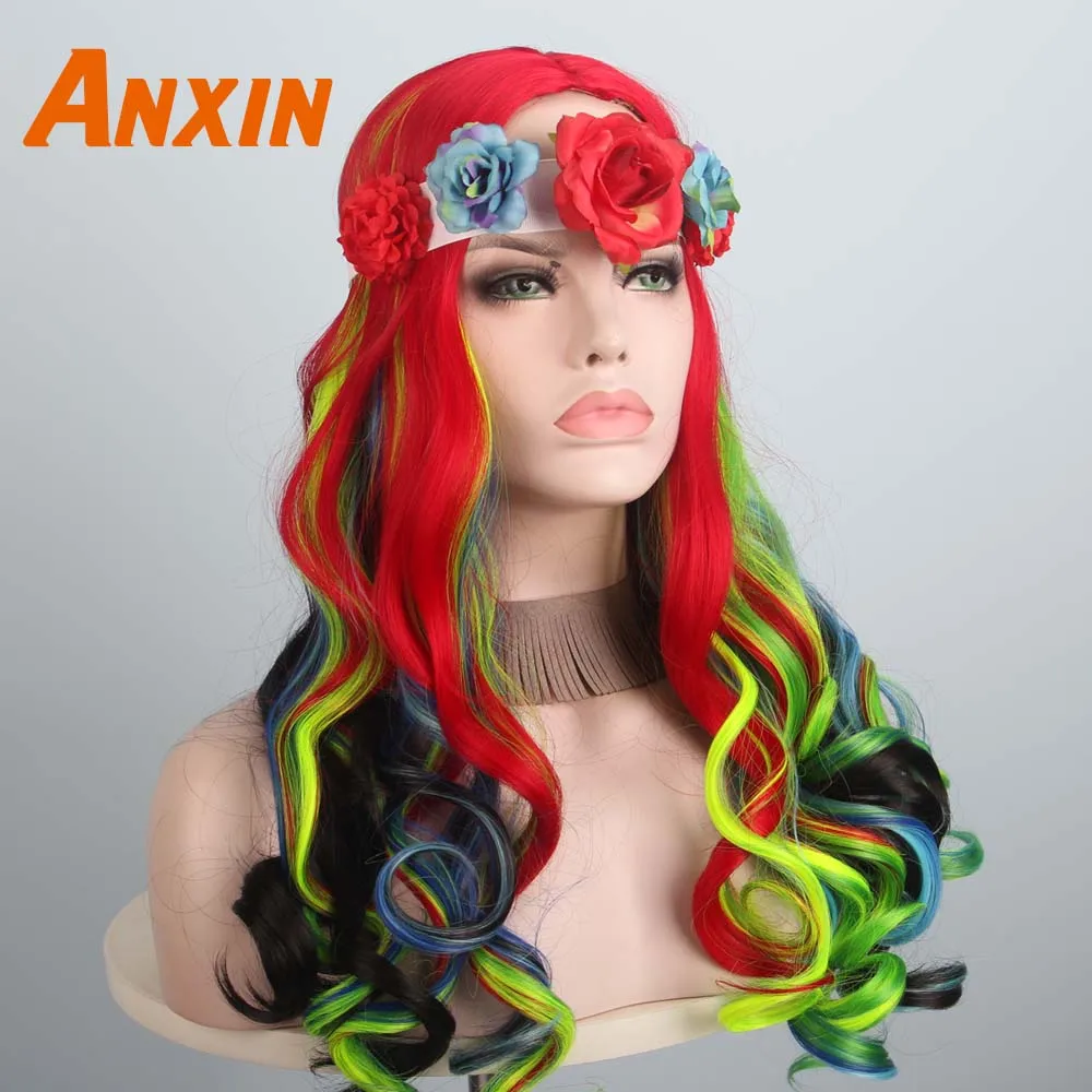 WigC And Free ACC Anxin милые длинные волнистые красочные парики с цветком Bwoknot аксессуары вечерние аниме термостойкие синтетические парики для женщин девушек - Цвет: WigC And Free ACC