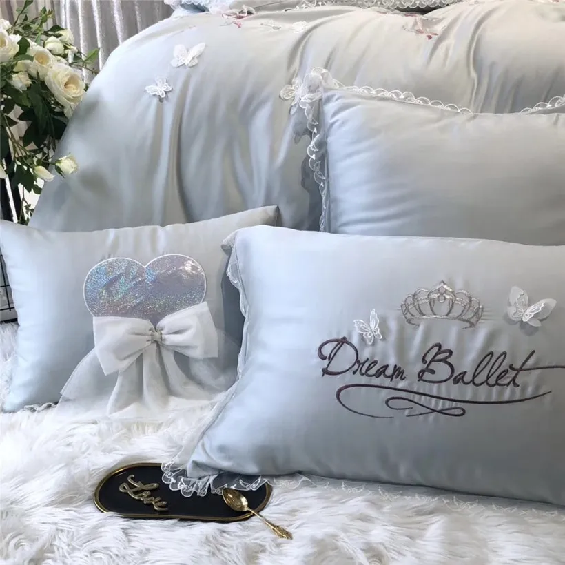Queen King size 4/7 шт. Тенсел Шелковые Ультра мягкий шелк синего/серого цветов: Постельное белье с красивой бабочкой Детская Одежда для танцев; пододеяльник, простынь и наволочки
