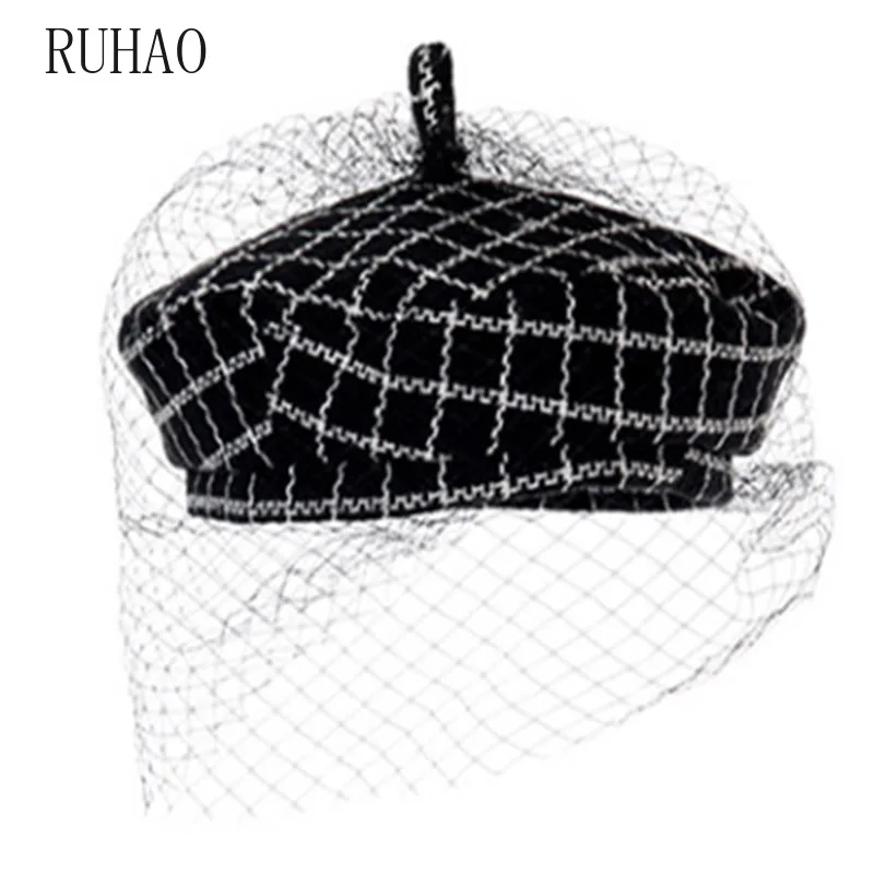

RUHAO women hat Cap fashion casual British Japanese mesh plaid beret black party hat