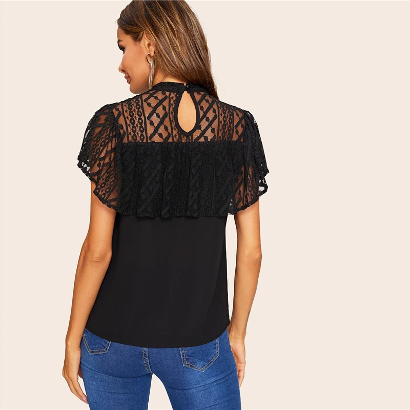 SHEIN Офисная Женская Черная кружевная блузка с рюшами, украшенная прозрачным топом, кружевная блузка, женские летние элегантные Однотонные блузки с рукавом-бабочкой