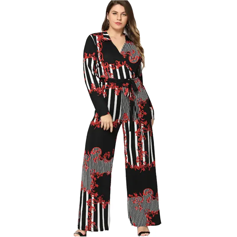 

Ladies Sexy 3D Printing Jumpsuit V-Neck Plus Size Long-Sleeved High Waist Tie Wide Leg Jumpsuit Trousers