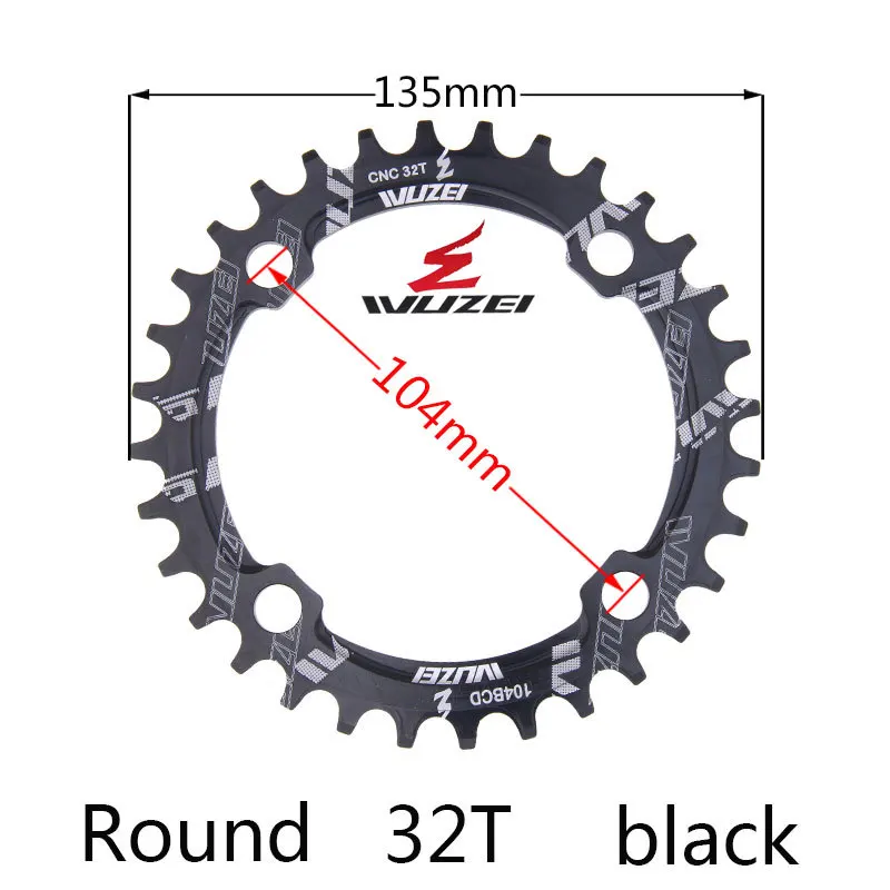 BLACK 32T ROUND Велосипедная круглая узкая широкая Звездочка WUZEI 32 T/34 T/36 T/38 T 104BCD, велосипедная звездочка, однопластинчатая звездочка - Цвет: BLACK 32T ROUND