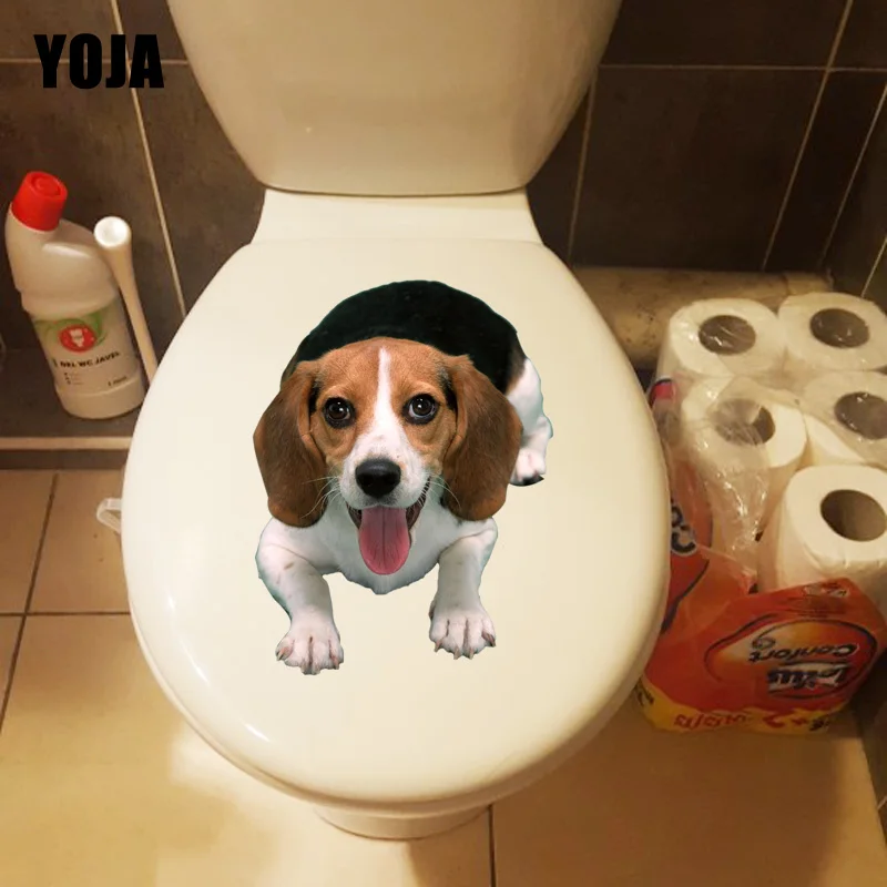 YOJA 16,3*21,5 см, красивые настенные наклейки в виде улыбающейся собаки для комнаты с животными, декор для туалетных принадлежностей, стикеры для туалетных принадлежностей