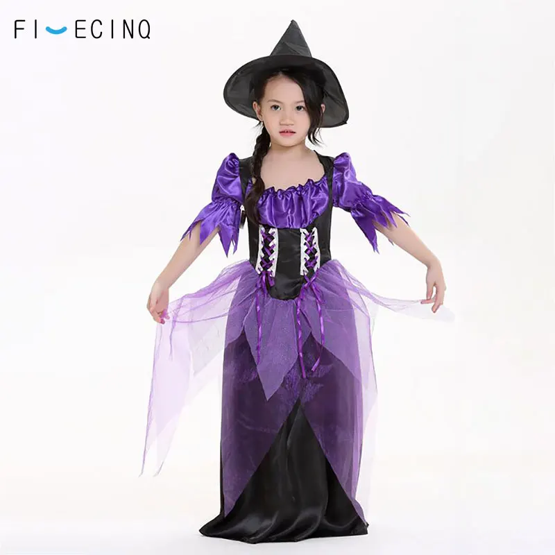 

Witch Cosplay Costume Girl Purple Dress With Hat Festival Halloween Carnival Party Kids School Performance Suit Child Fancy Cute
