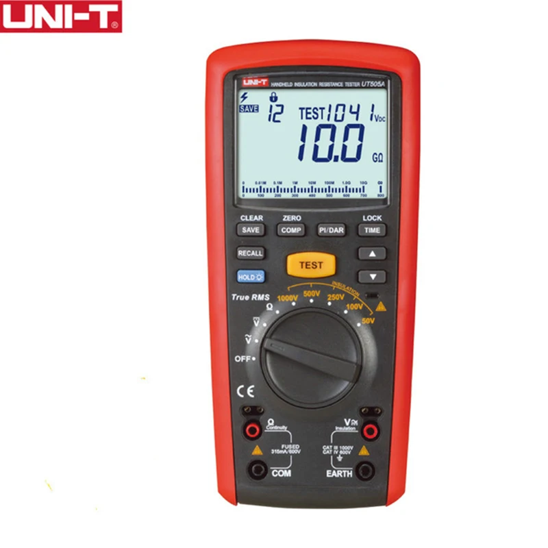 UNI T UT505A Ручной цифровой тестер сопротивления изоляции 6000 count True RMS 50 V/100 V/250 V/500 V/1000