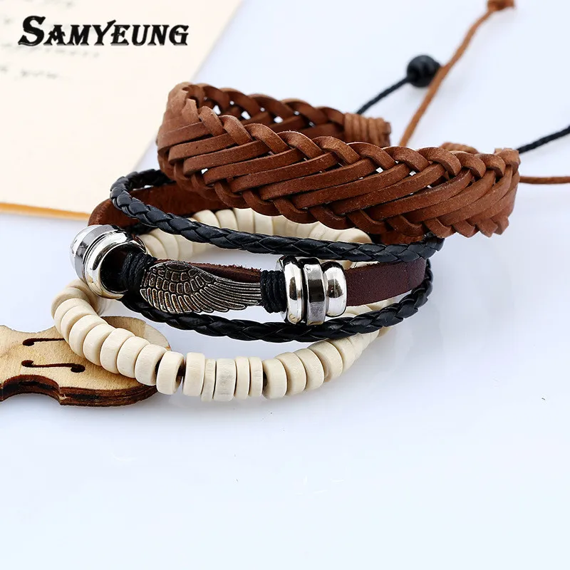 SamYeung 3 шт винтажный кожаный браслет с крыльями ангела мужской дружбы Homme Braslet Cow