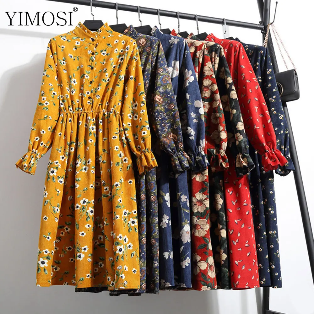 Женское вельветовое платье с поясом на резинке повседневное винтажное