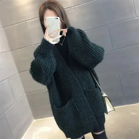 Ink green Новинка, длинный кардиган, женский, длинный рукав, вязанный, твист, джемпер, кардиганы, Осень-зима, однотонный, с карманами, свитера,, Pull Femme - Цвет: Ink green