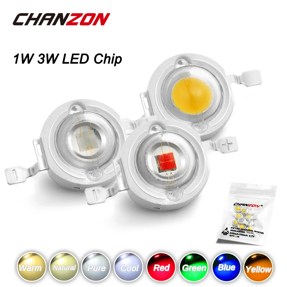 CHANZON 10pcs/lot High Power LED Chip 1W 3W Warm Natural Cold Cool White Red Green Blue Yellow 1 3 W Watt for DIY Spotlight Bulb