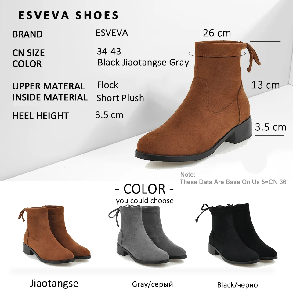 

ESVEVA 2019 Woman Boots Square Med Heels Autumn Shoes Concise Winter Boots Women Ankle Boots Flock Sewing Shoes Round Toe 34-43