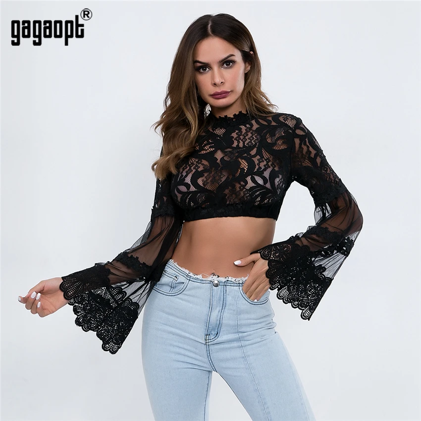 Gagaopt 2018 осенне зимние сетчатые топы женские сексуальные кружевные с