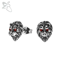 zs punk lion stud earrings with red cz eyes mens stainless steel earring small hip hop earring rock roll biker animal jewelry