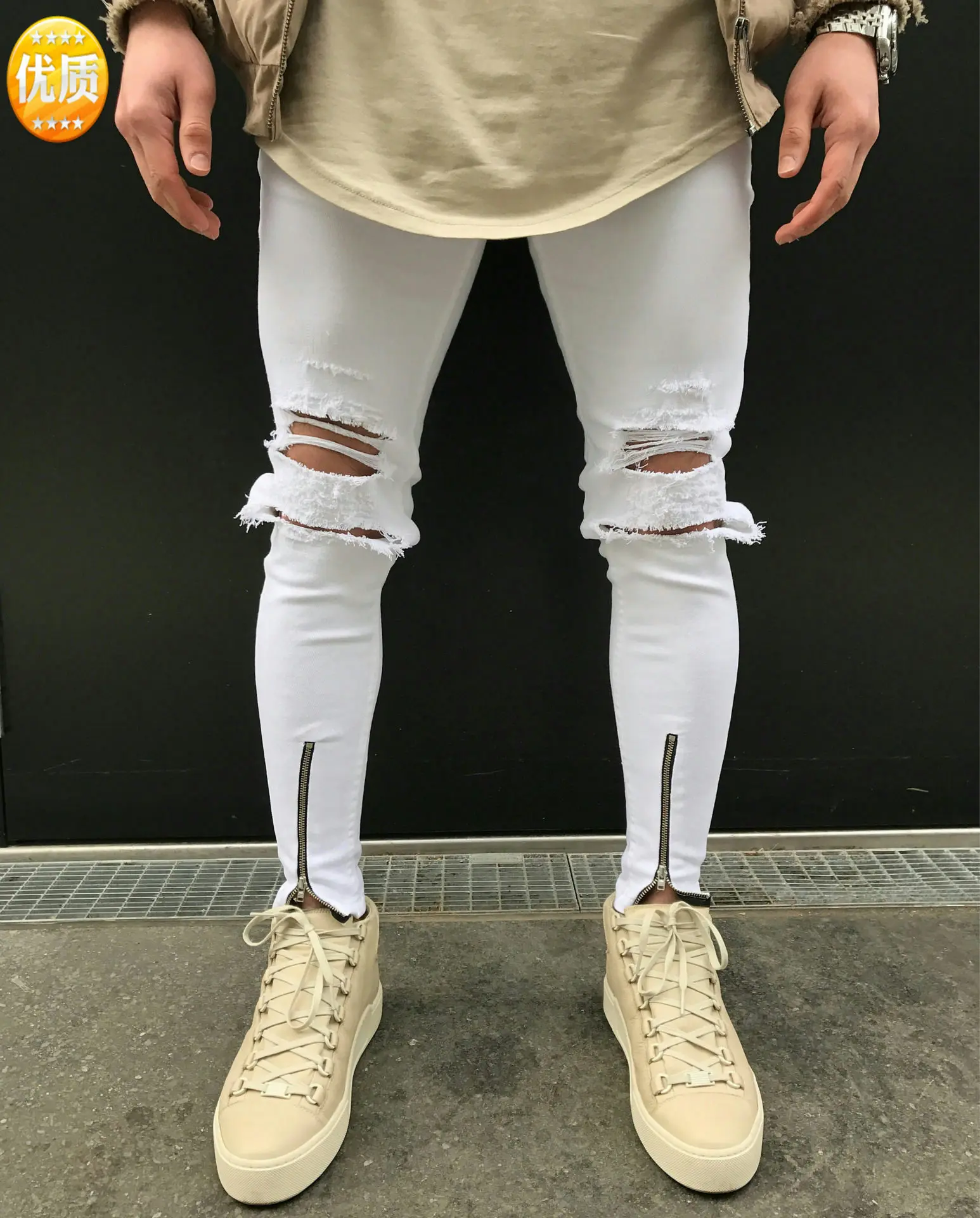 

New Men's Fashion Vintage Ripped 80s Jeans Super Skinny Slim Fit Zipper Denim Pant Destroyed Frayed Style cotton Pants