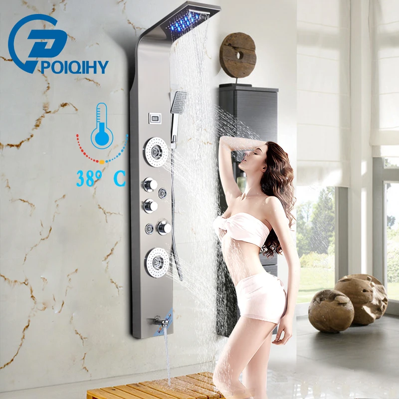 Brushed Nickel Thermostatic Shower Panel Column LED rain waterfall Shower Faucet 4 Massage jets with Tub Spout and Hand Shower