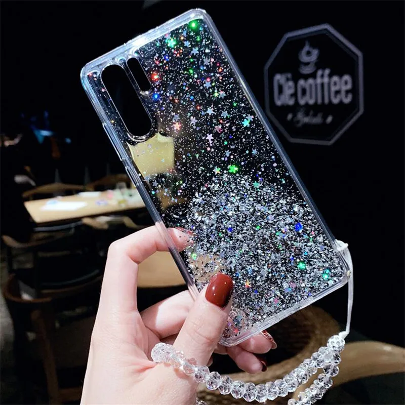Sequins Glitter Bling Phone Case For Huawei P30 Pro P20 Lite Mate 20 10 Honor 9 Soft Clear Cases With Pearl Lanyard |