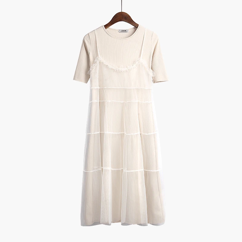 Yichaoyiliang две пьесы набор лето midi трикотажные dress женщины элегантный кружева тюль