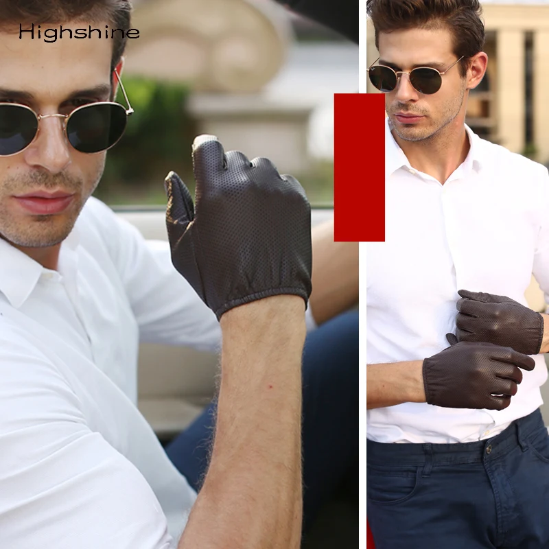 Фото HIGHSHINE перчатки из натуральной кожи мужские зимние с сенсорным экраном из овчины мужские перчатки дышащие сетчатые для вождения автомобиля ... №3
