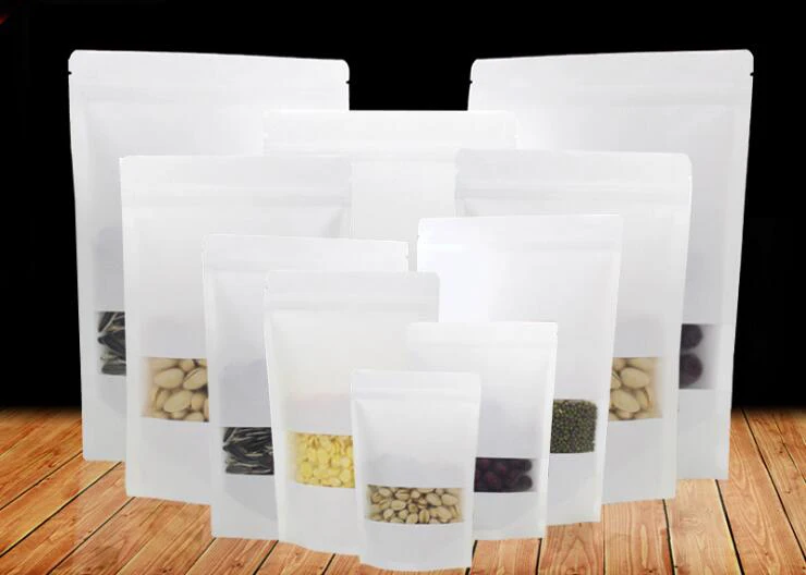 

10*15+4cm 100pcs white Scrub kraft paper bags stand up Zipper/zip lock packaging bag with window for Food/Tea/Nut/Coffee