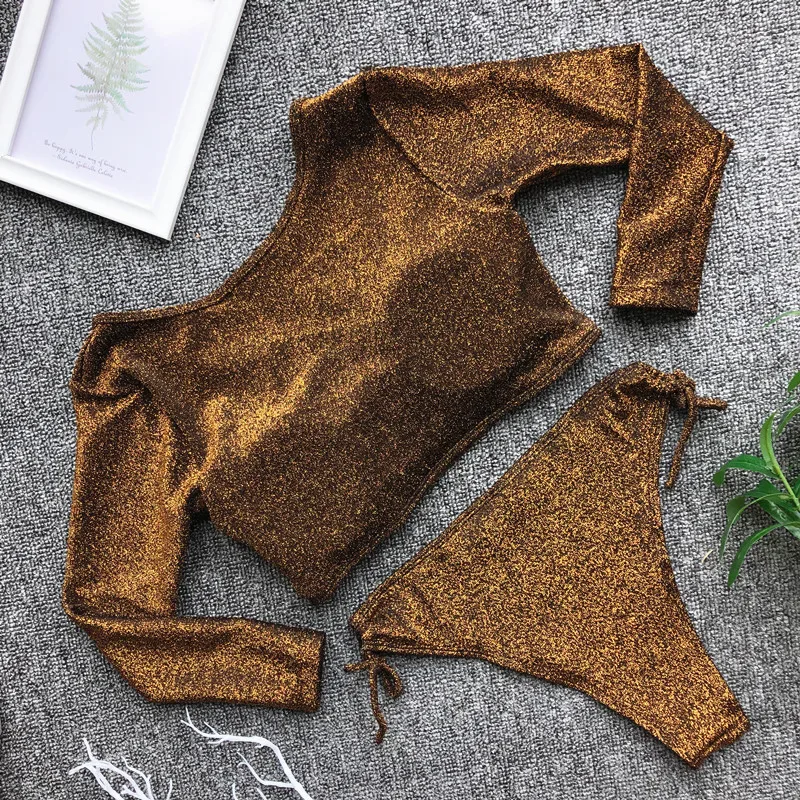 2019 Two Pieces Swimsuit Brazilian Long Sleeve High Waist Lace Up Swimwear Women Bikini Set Padded Top Shining Thong Beach Wear |