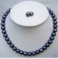 free shipping stunning set9 10mm tahitian round black blue pearl necklace earring