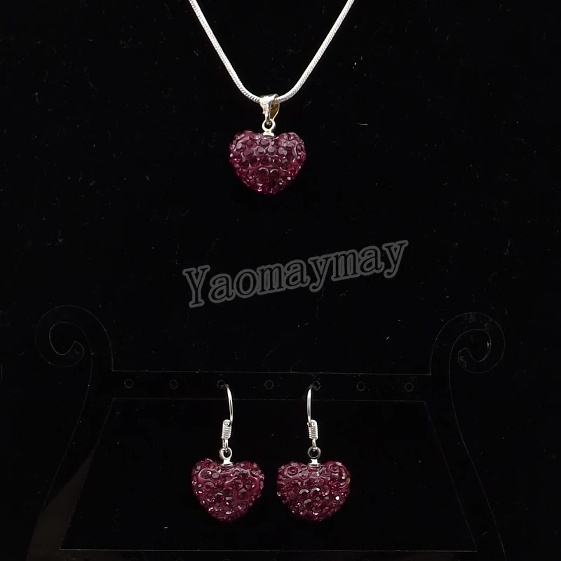 

Bling Jewelry Set Rose Pink Heart Pendant Crystal Earrings And Necklace With Silver Plated Chain 5 Sets Wholesale