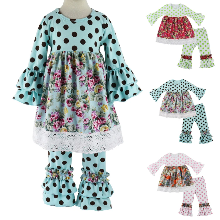 

Kids Children Clothing Fall/spring Clothes Girls 2pcs Clothing Sets Polka Dot Ruffle Pant Set Boutique Outfits With Lace Trims