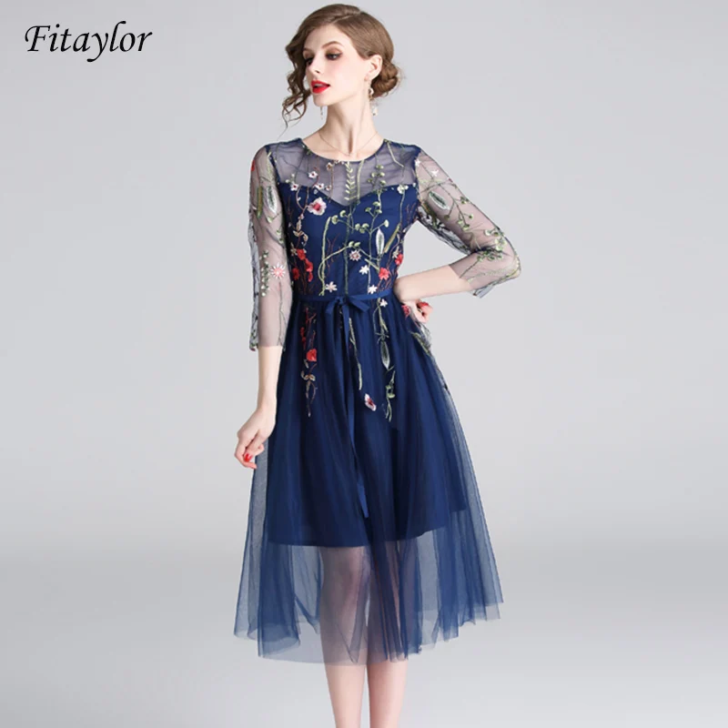 Fitaylor 2019 Новое Элегантное платье с вышивкой Пышное Сетчатое средней длины