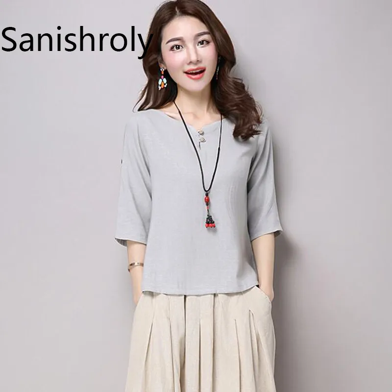 

2018 Spring Women Summer T-Shirts Tees Casual Loose Solid Cotton Linen T Shirt Female Short Sleeve Shirt Tops Plus Size 2XL S009