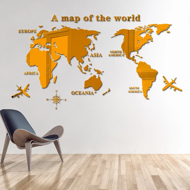 3D Карта мира зеркальные настенные художественные наклейки фоновые акриловые
