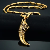 mens dragon wolf tooth necklace punk gold color stainless steel animal pendant necklace male cool viking jewelry dropshipping