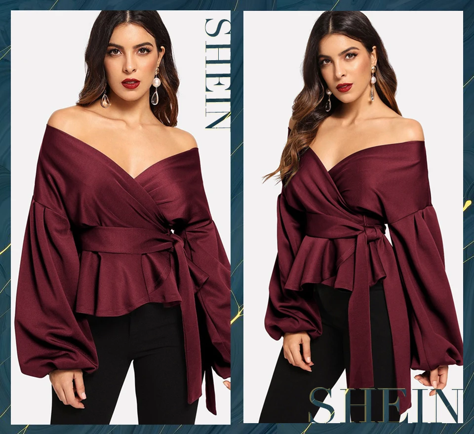 SHEIN Блузка С Глубоким Вырезом И Широкими Рукавами Сексуальная Блузка На Запах С Открытыми Плечами
