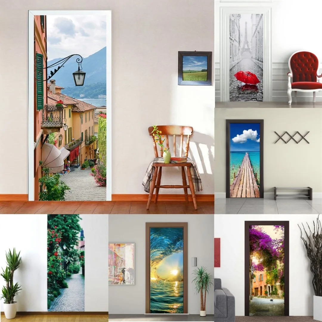 

2019 New Fashion 3D Self Adhesive Scenery Door Wall Fridge Sticker Decals Wrap Mural Home Decor