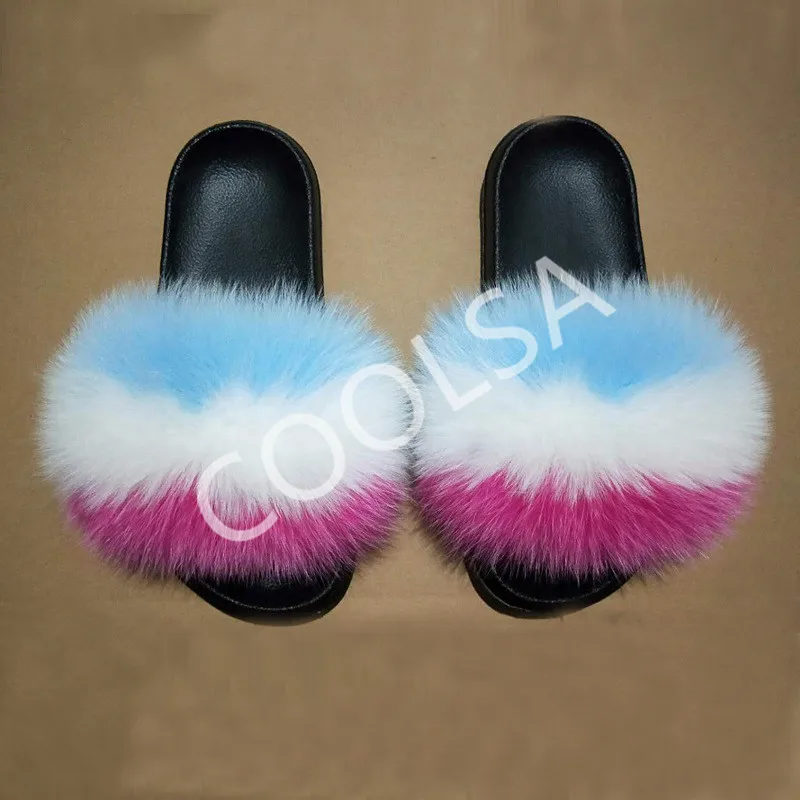 Женская летняя обувь пушистые плюшевые Вьетнамки натуральным лисьим мехом