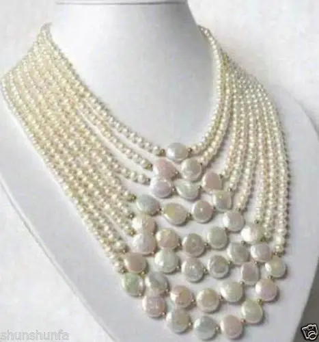 8 Rows 6-7mm White Natural freshwater pearls 11-12mm Coin Pearl Necklace