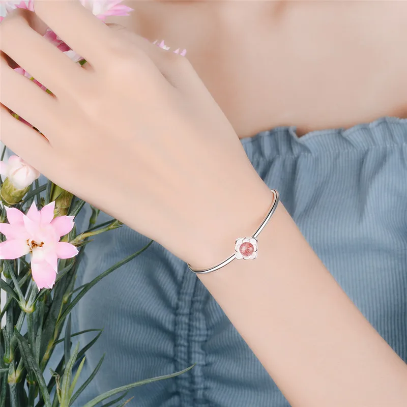 

LUKENI Top Quality Silver 925 Bangles For Women Jewelry Charm Crystal Pink Flower Girl Bracelet Lady Party Accessories Fashion