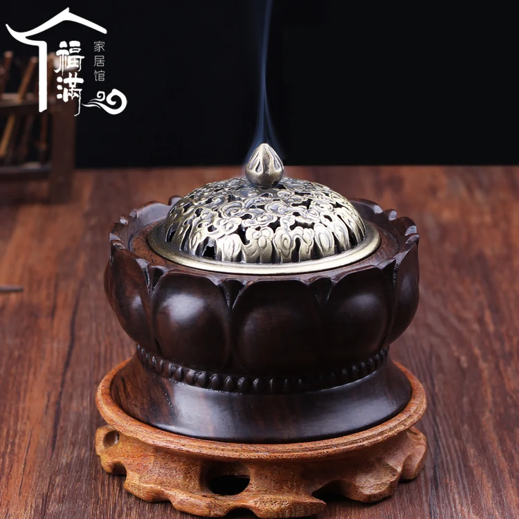 

Ebony wood mahogany lotus incense burner antique copper cutout wooden incense coil aromatherapy furnace sandalwood furnace