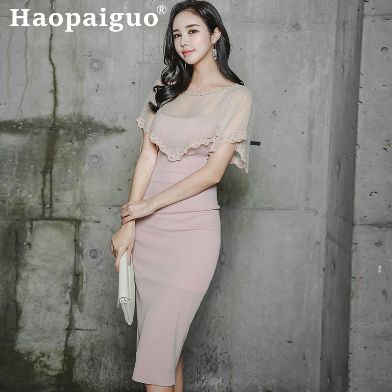 Женское кружевное лоскутное платье миди летнее с оборками облегающий фигуру